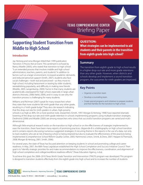 Supporting Student Transition From Middle to High School - Texas ...
