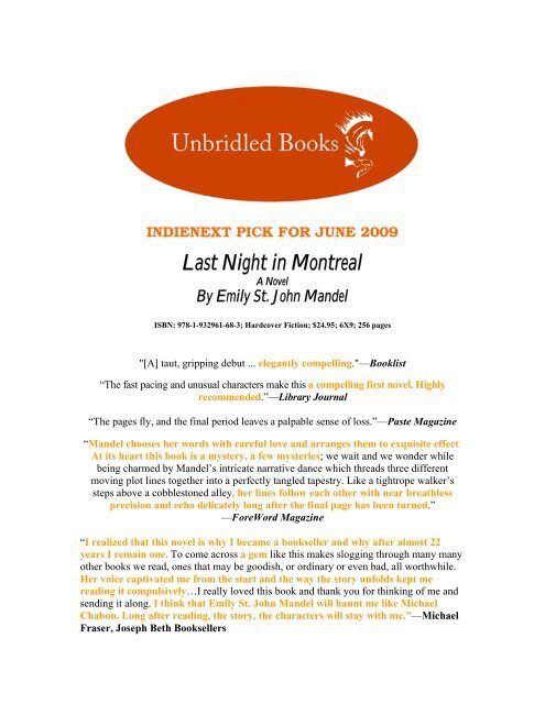 Last Night in Montreal - Unbridled Books