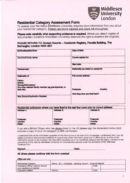 Residential Category Assessment Form - UniHub - Middlesex ...