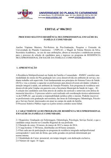 Processo Seletivo Residência Multiprofissional em Saúde ... - Uniplac