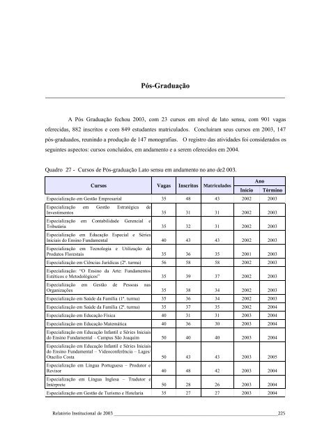 Relatório Institucional de 2003 - Uniplac