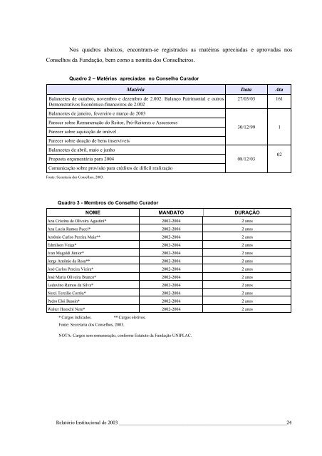 Relatório Institucional de 2003 - Uniplac