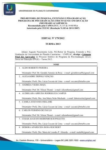 Homologação Final dos aprovados PPGE - Uniplac