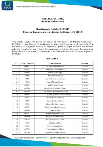 Divulga classificados Curso de Licenciatura em Ciências ... - Uniplac