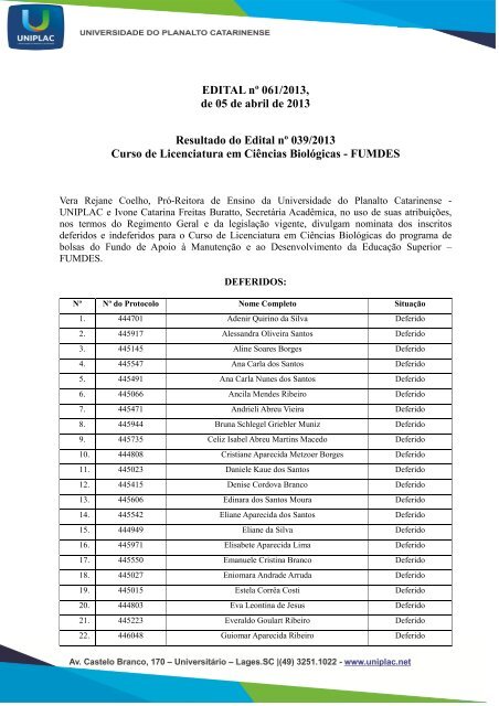 Divulga classificados Curso de Licenciatura em Ciências ... - Uniplac