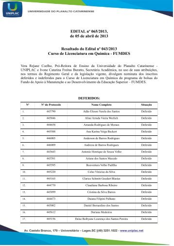 Divulga classificados Curso de Licenciatura em Química ... - Uniplac