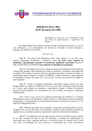 001/2002 - Regulamenta os artigos 62 e 64 do Regimento ... - Uniplac