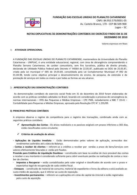 Notas Explicativas - Uniplac