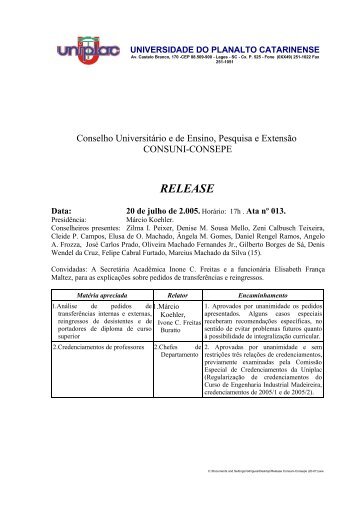 20/07- CONSUNI/CONSEPE - Release Reunião ... - Uniplac