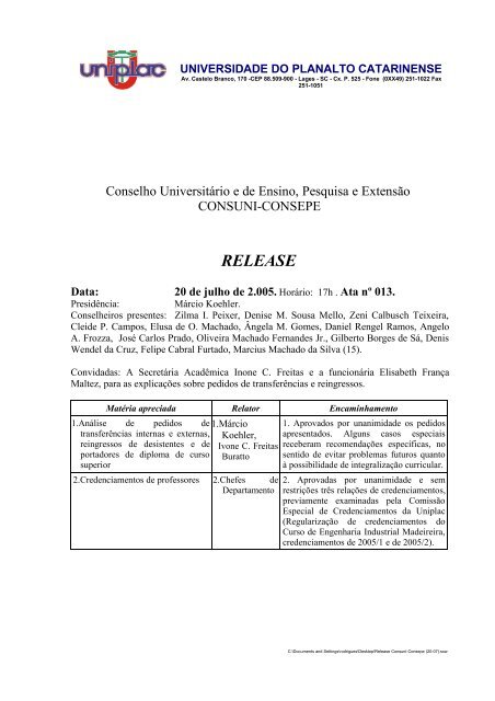 20/07- CONSUNI/CONSEPE - Release Reunião ... - Uniplac