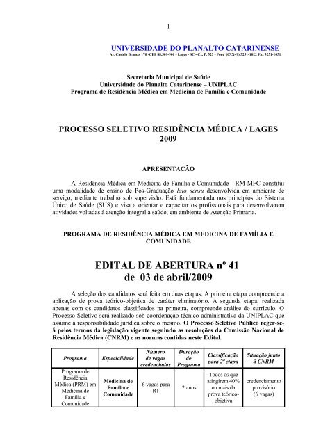 EDITAL DE ABERTURA nº 41 de 03 de abril/2009 - Uniplac