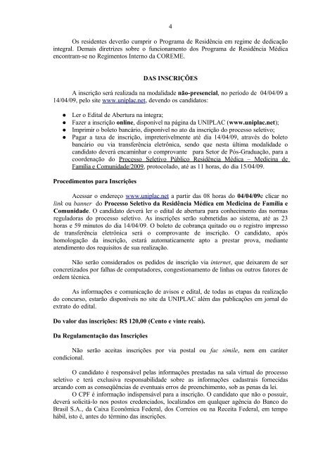 EDITAL DE ABERTURA nº 41 de 03 de abril/2009 - Uniplac