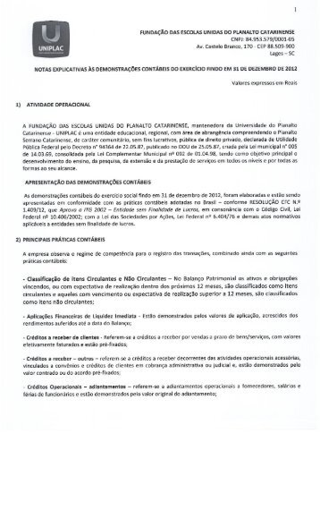 Nota Explicativa - Uniplac