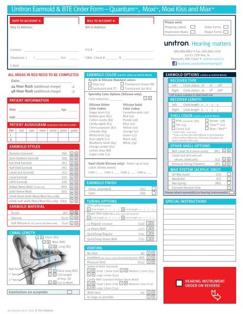 Commercial Earmold &amp; BTE Order Form - Unitron