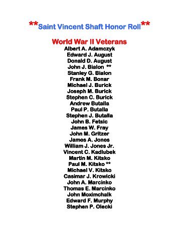 Saint Vincent Shaft Honor Roll World War II Veterans ... - unityhonorroll