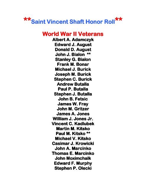 Saint Vincent Shaft Honor Roll World War II Veterans ... - unityhonorroll