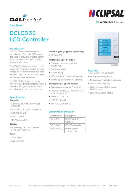 Product Data Sheet - Dali Control LCD Controller, 20121 - Clipsal