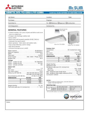 SUBMITTAL DATA: PCA-A30GA & PUY-A30NHA - MyLinkDrive