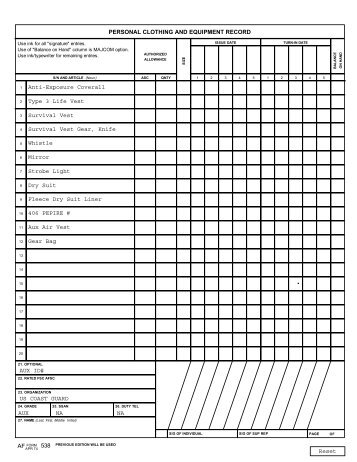 personal clothing and equipment record af 538
