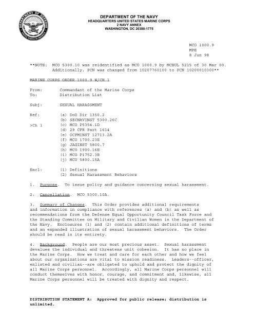 Marine Corps Order on Sexual Harassment, MCO 1000.9