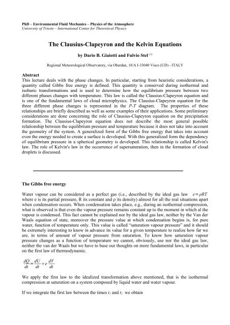 The Clausius-Clapeyron and the Kelvin Equations - ICTP