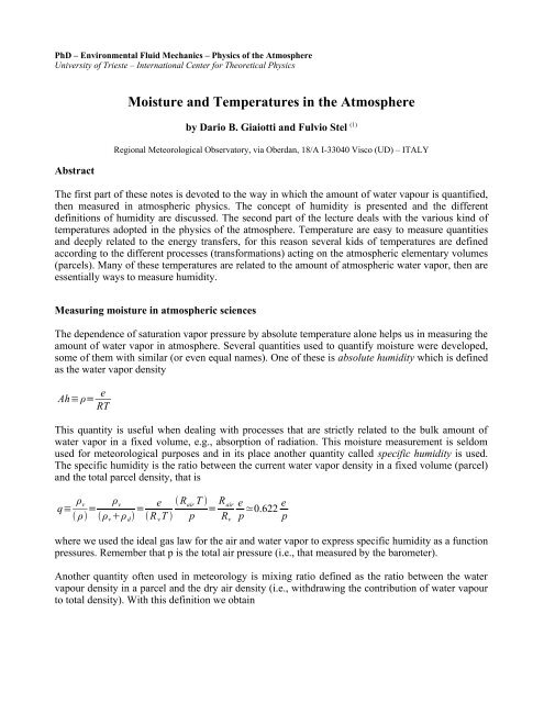 Moisture and Temperatures in the Atmosphere - ICTP