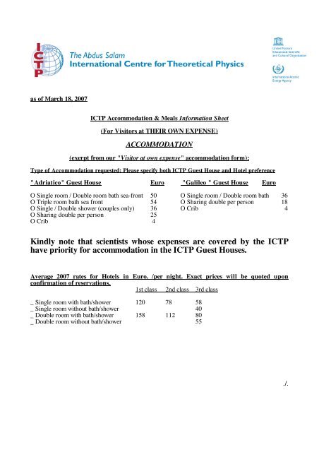 Meal & Accommodation Prices/Information - ICTP