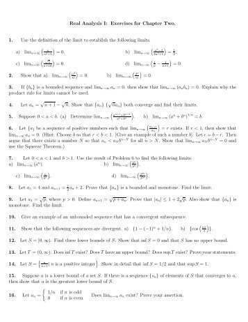 Real Analysis I: Exercises for Chapter Two. 1. Use the ... - Rowan