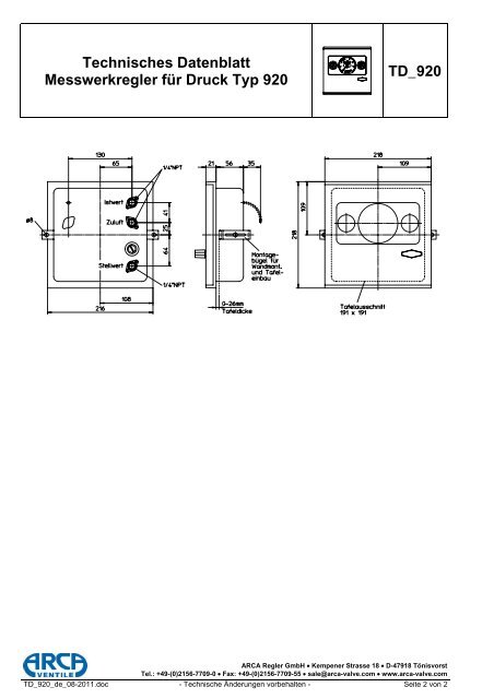 Technisches Datenblatt Messwerkregler für ... - ARCA Regler Gmbh