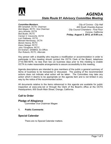 AGENDA State Route 91 Advisory Committee Meeting