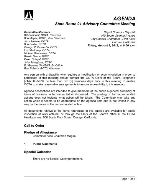 AGENDA State Route 91 Advisory Committee Meeting
