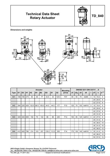 Technical Data Sheet Rotary Actuator TD 840 - ARCA Regler Gmbh