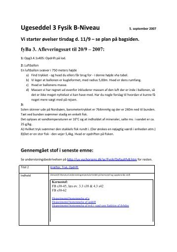 Ugeseddel 3 Fysik B-Niveau - Horsens HF og VUC