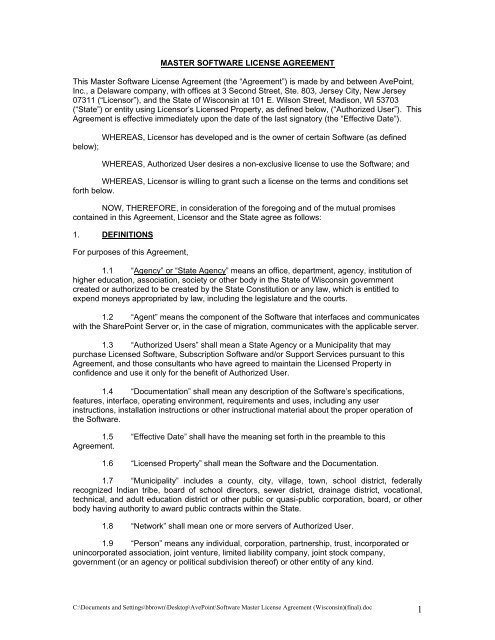 Software Master License Agreement Wisconsin final VendorNet