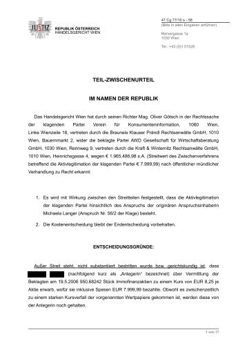 teil-zwischenurteil im namen der republik - Verbraucherrecht.at