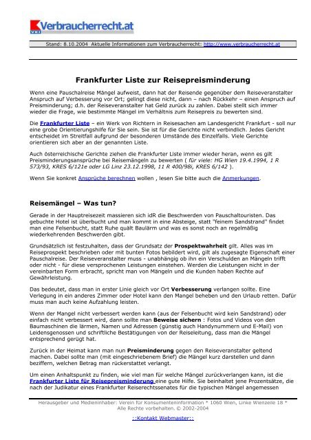 Frankfurter Liste zur Reisepreisminderung - Verbraucherrecht.at