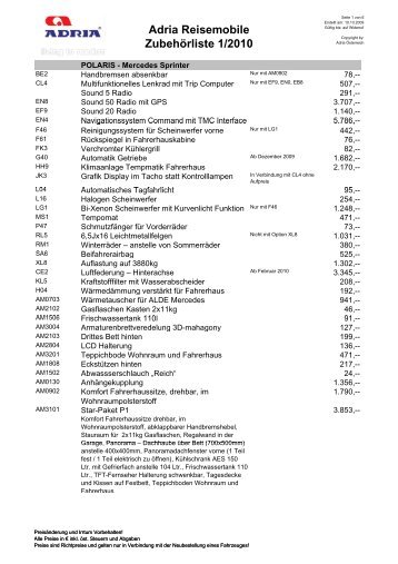 Adria Reisemobile Zubehörliste 1/2010 - Gebetsroither
