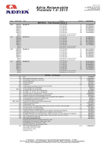 Preisliste Adria MATRIX