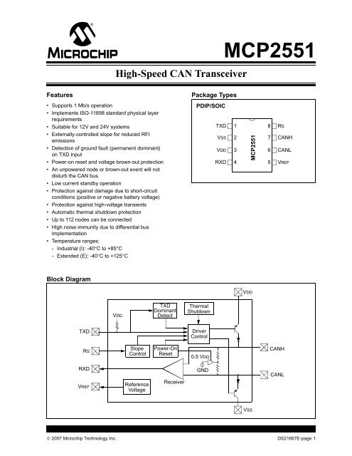 MCP2551 High-Speed CAN Transceiver - Microchip