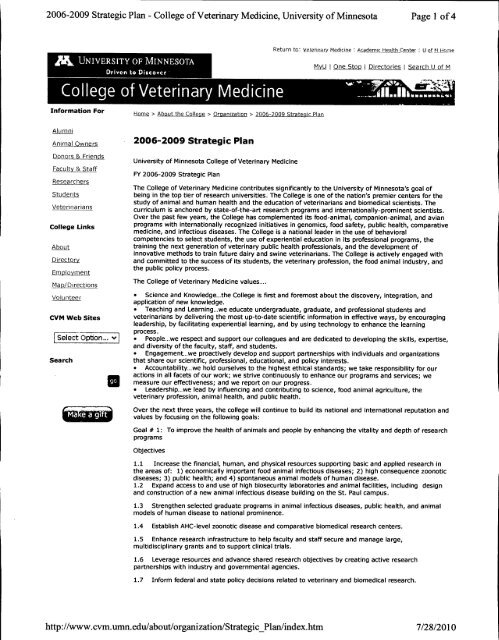 Univ of Minnesota Strategic Plan - College of Veterinary Medicine