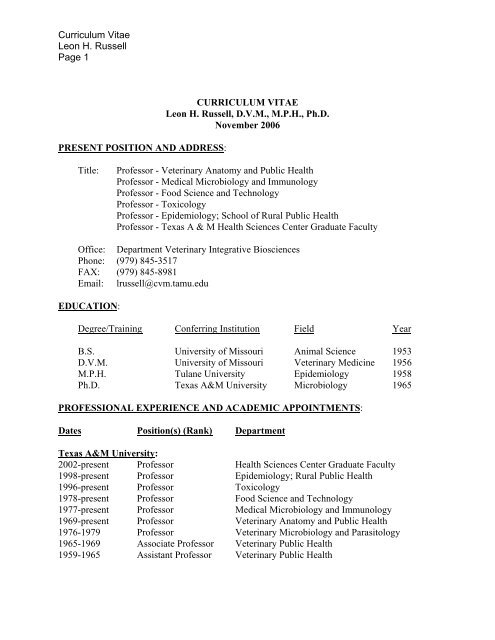 Curriculum Vitae - College of Veterinary Medicine - Texas A&M ...