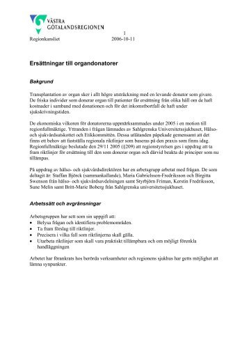 Ersättningar till organdonatorer - Västra Götalandsregionen