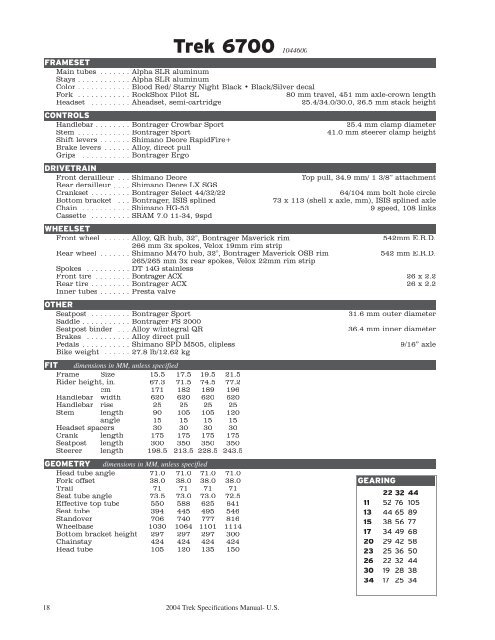 2004 Trek Specifications Manual - Vintage Trek