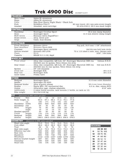 2004 Trek Specifications Manual - Vintage Trek