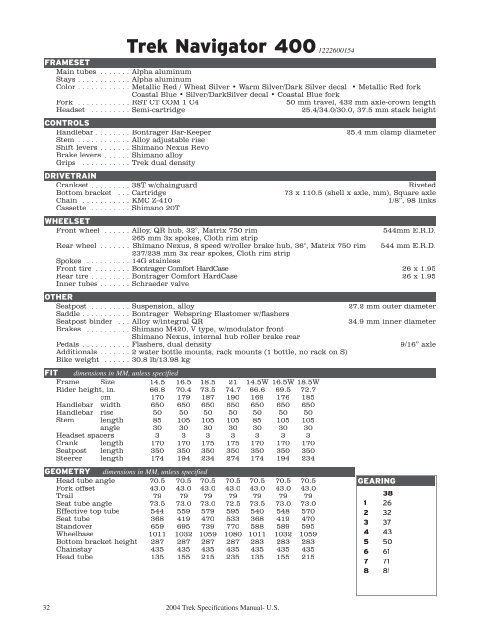 2004 Trek Specifications Manual - Vintage Trek