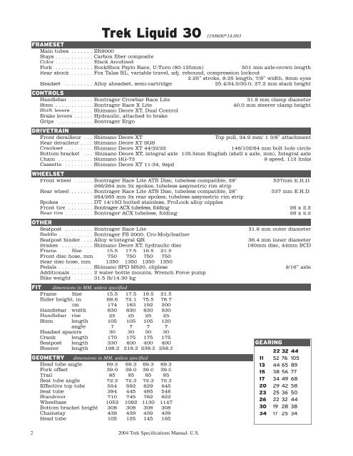 2004 Trek Specifications Manual - Vintage Trek