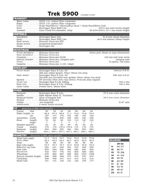 2004 Trek Specifications Manual - Vintage Trek