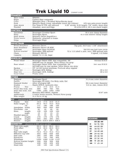 2004 Trek Specifications Manual - Vintage Trek