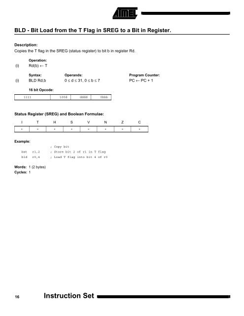 AVR Instruction Set Nomenclature: Status Register (SREG ...