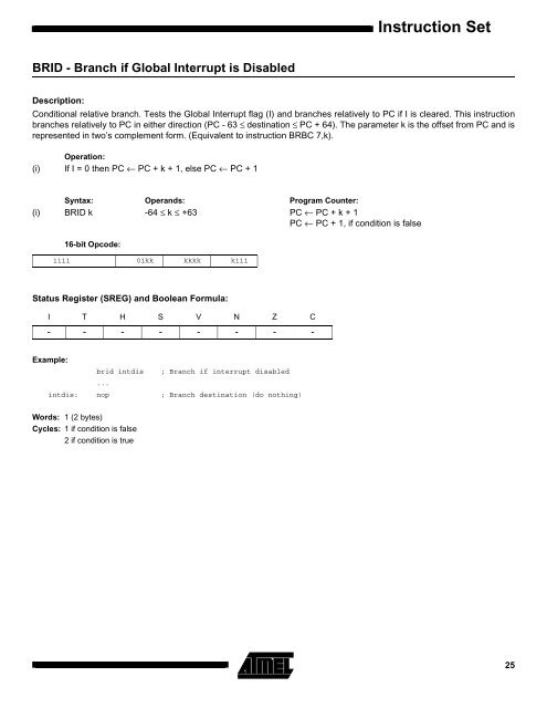 AVR Instruction Set Nomenclature: Status Register (SREG ...